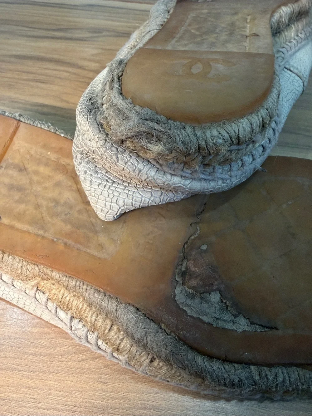 CHANEL Cream Espadrilles with Black Patent Toe Caps